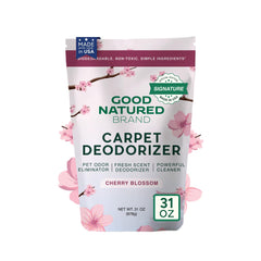 Good Natured Brand front packaging of carpet deodorizer showing 31oz size and Cherry Blossom scent benefit