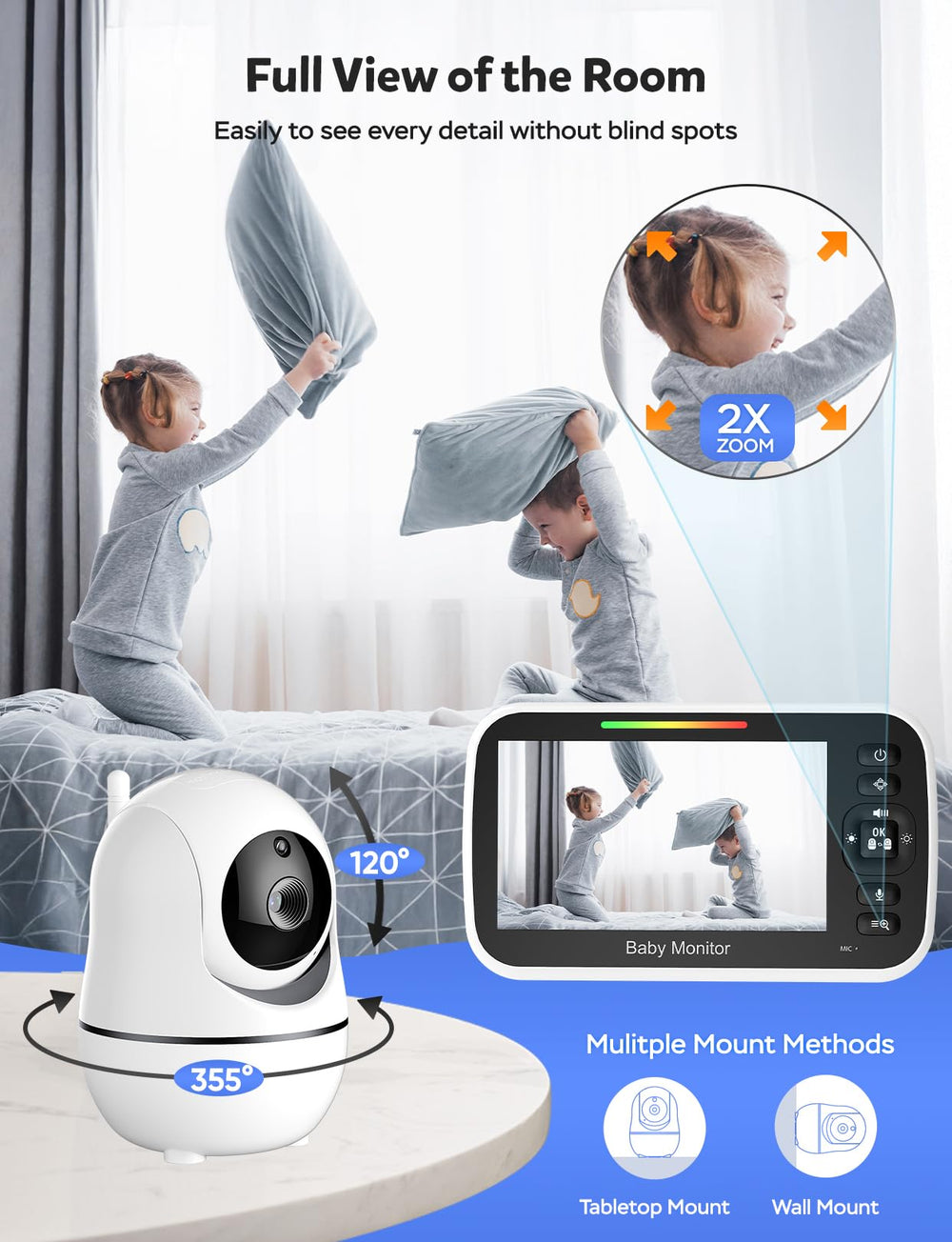 GoodBaby camera angled to illustrate 355° pan and 120° tilt coverage