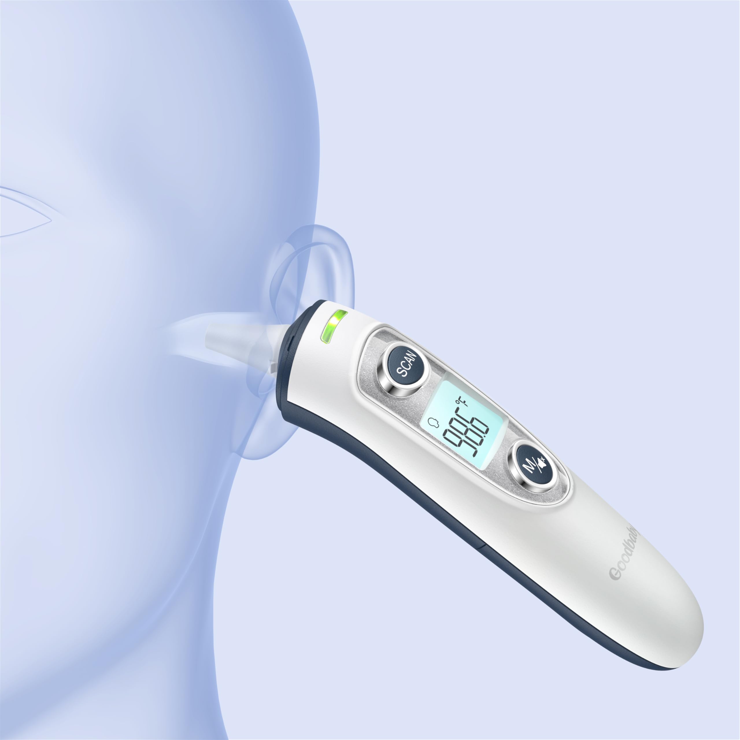 GoodBaby thermometer on bedside table at night for silent, low-light checks