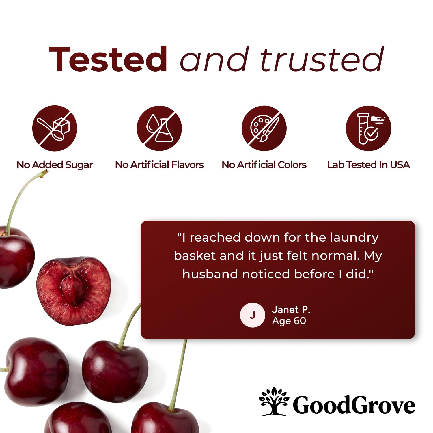 GoodGrove label close-up showing supplement facts and third-party testing callout