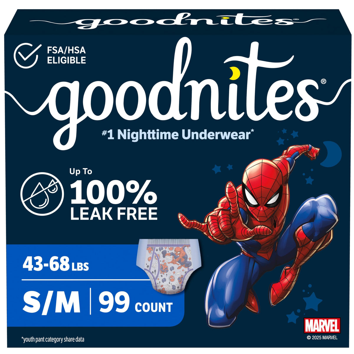 GoodNites front packaging showing Spider‑Man and benefits