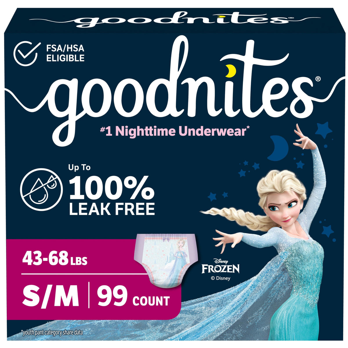 GoodNites girls pack front showing quantity and size for convenience