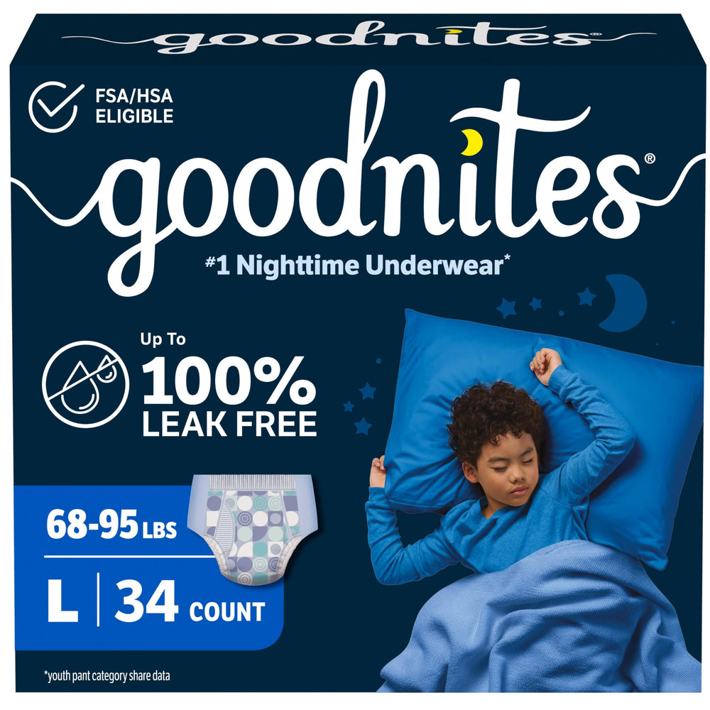 GoodNites large front packaging showing count and fit benefits