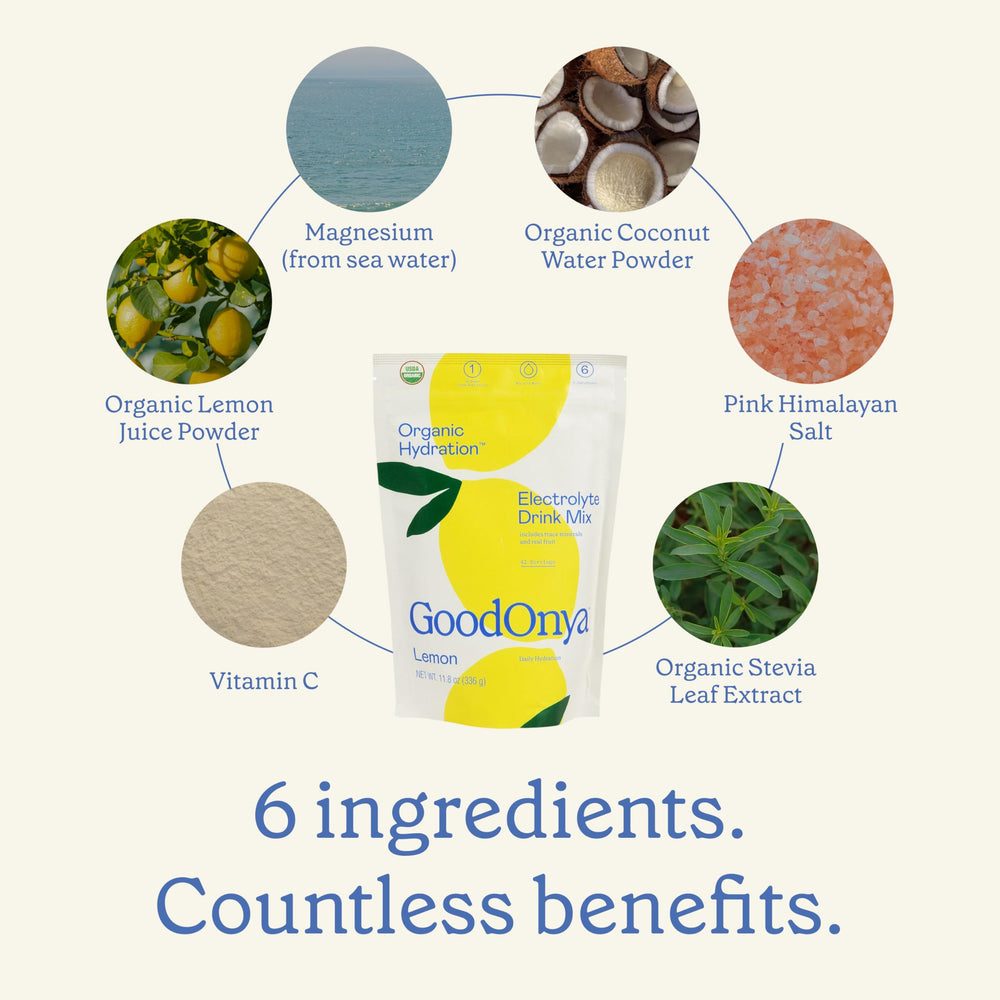 GOODONYA ingredients flatlay with organic fruit and pink salt benefit