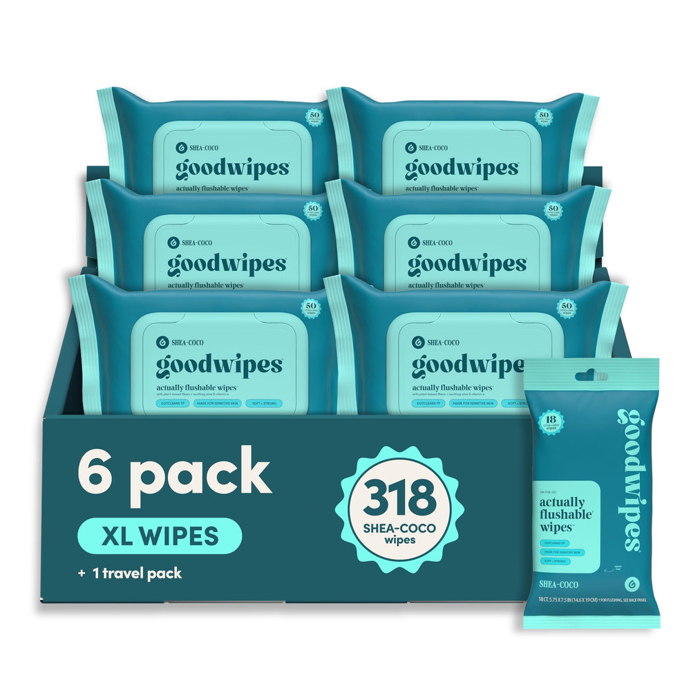 goodwipes front packaging showing six resealable packs and benefit of convenience