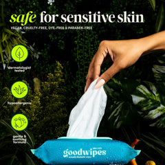 goodwipes wipe in hand demonstrating strong wet durability and coverage