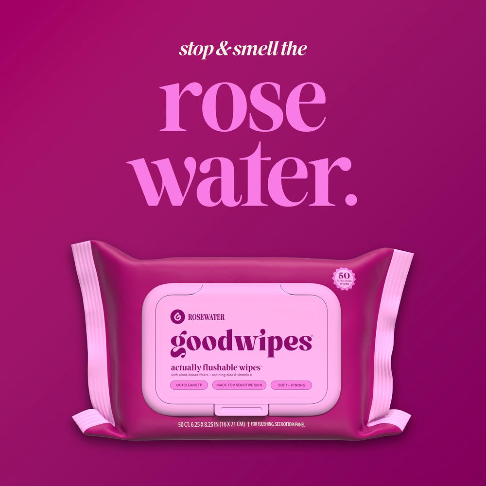 goodwipes rosewater tubs staged on a bathroom counter for daily use