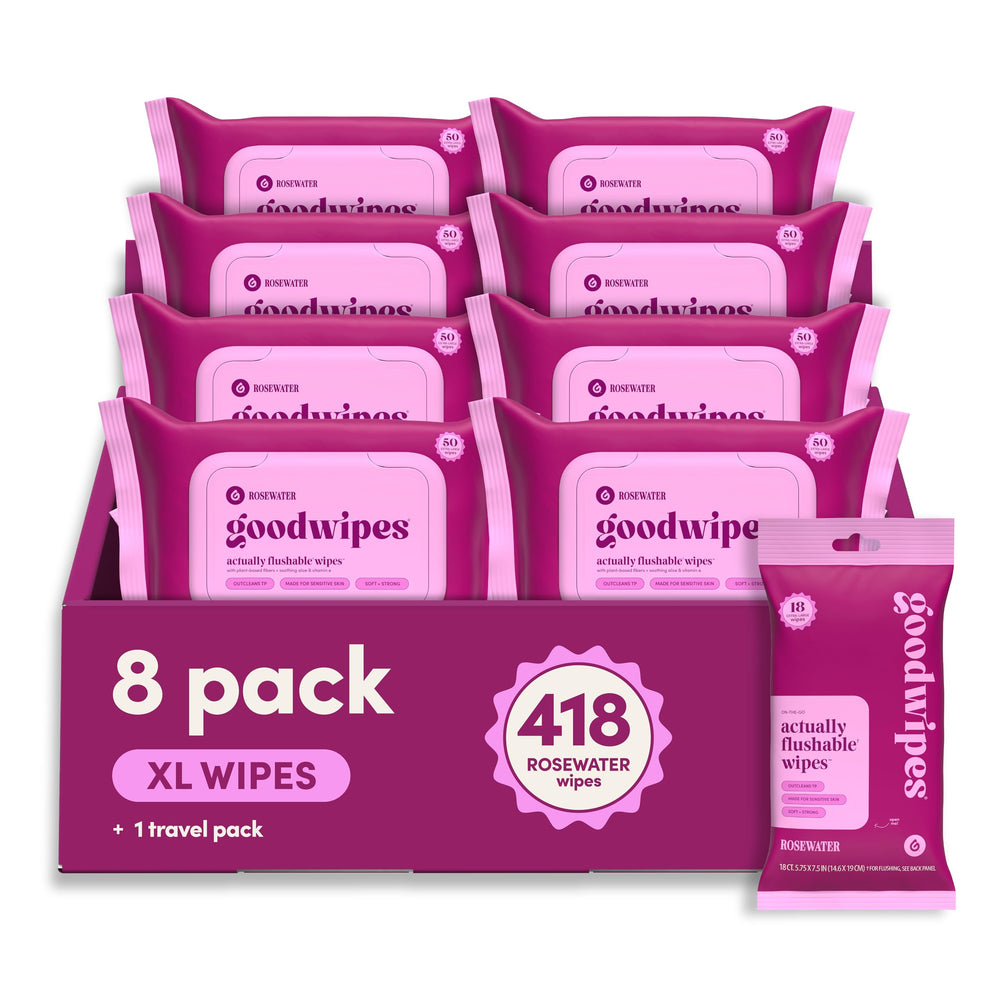 goodwipes rosewater front packaging showing tubs and travel pack for easy storage