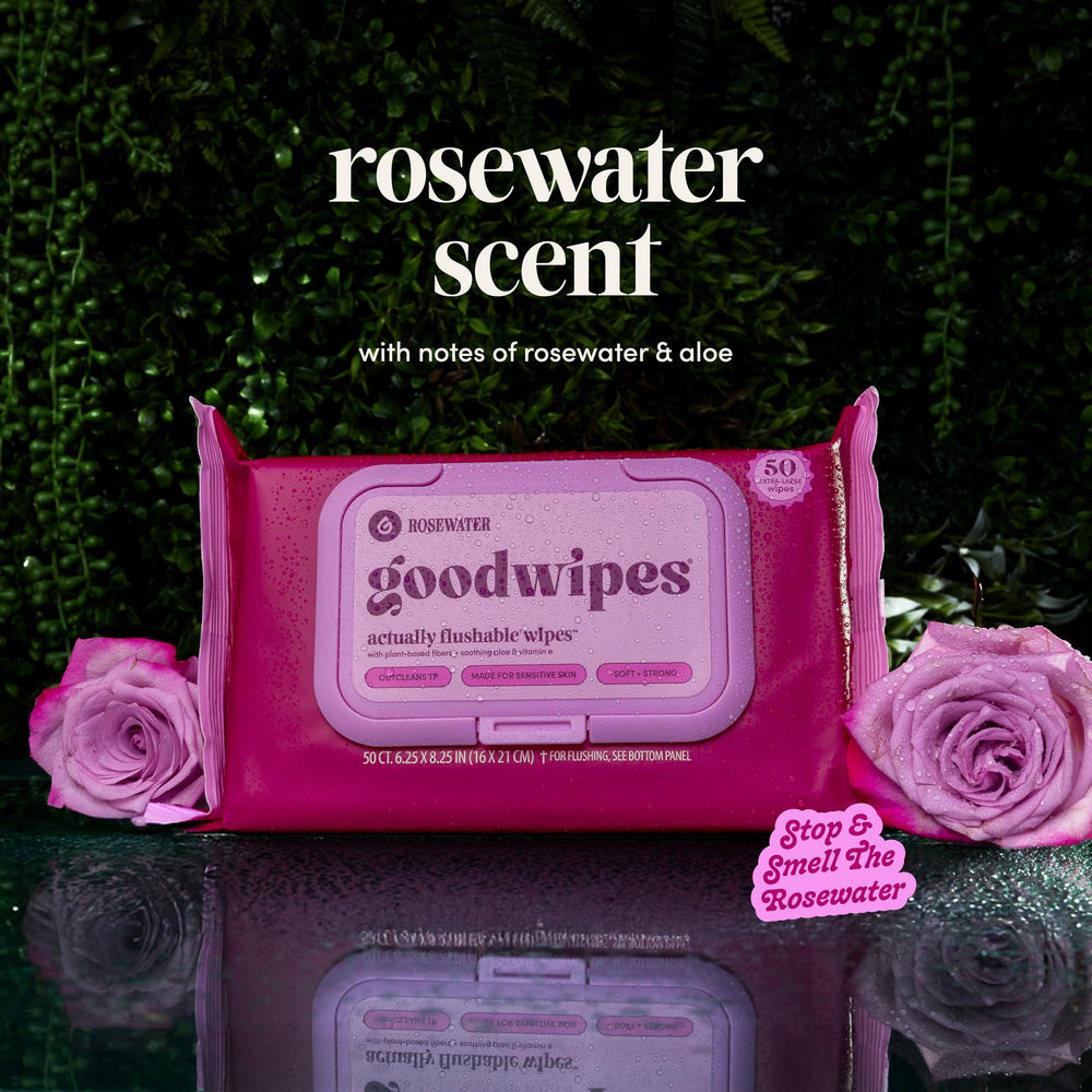 goodwipes rosewater wipe next to a hand to show XL size and practical scale