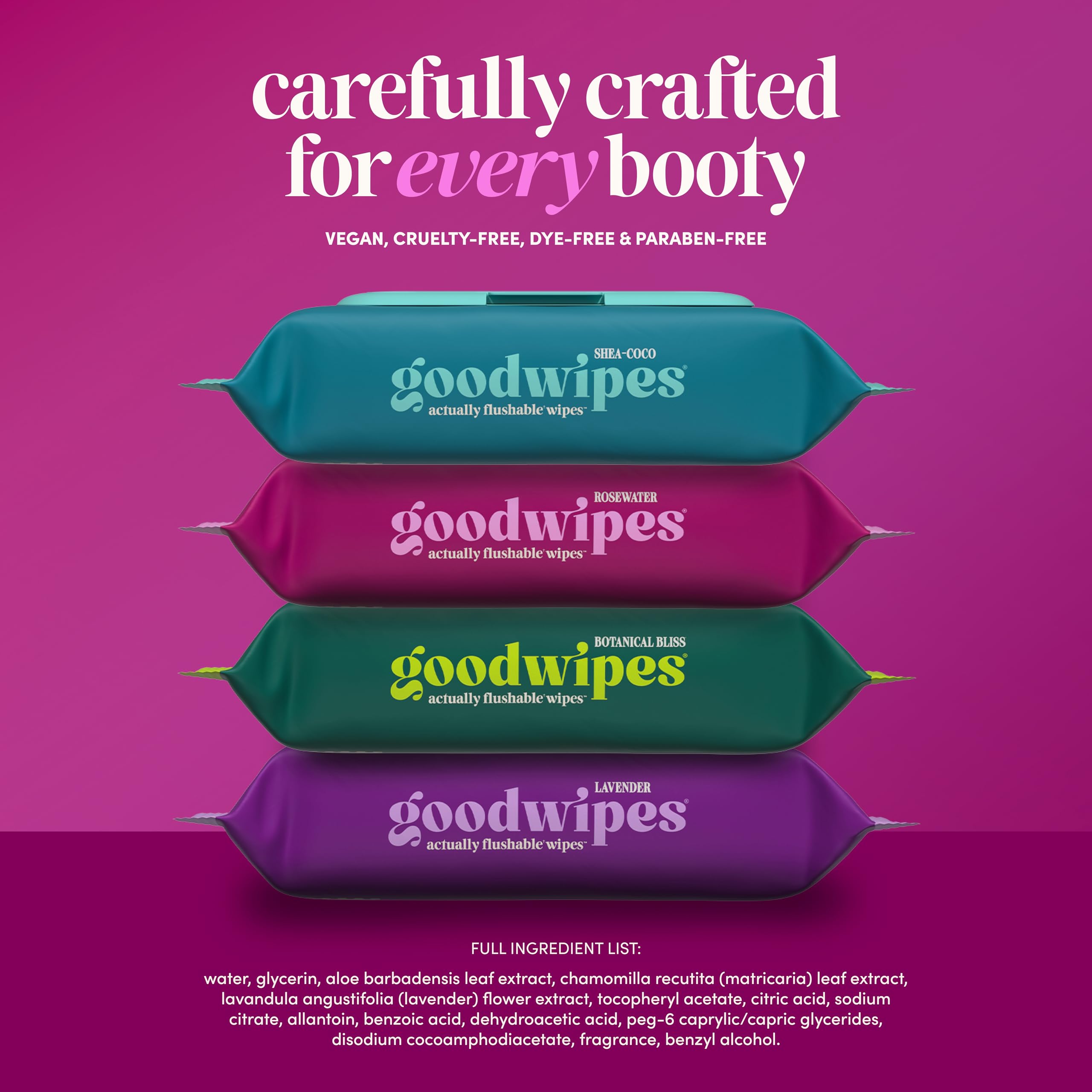 goodwipes rosewater ingredient label highlighting aloe vitamin E and purified water