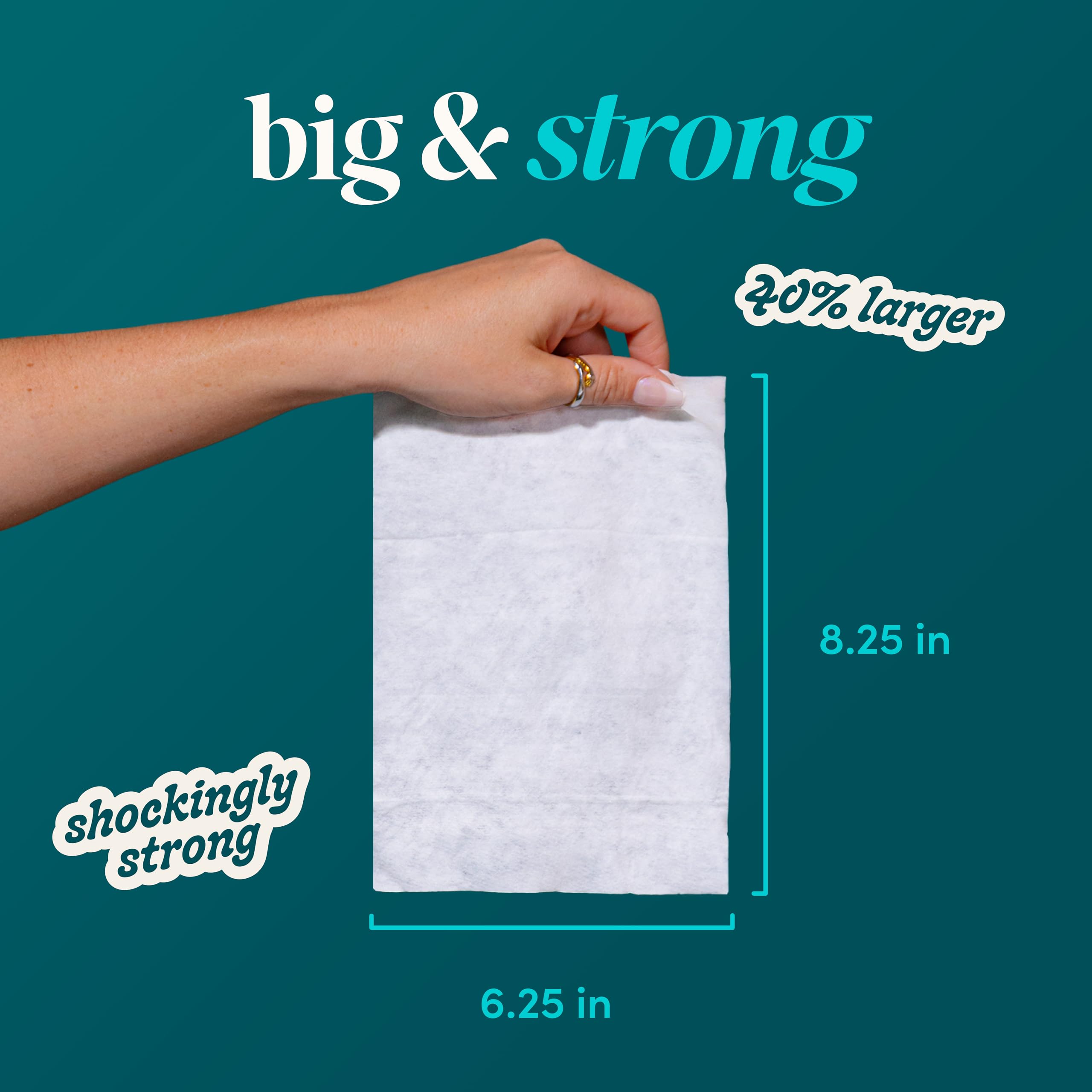 goodwipes folded wipe beside a hand showing extra-large size for improved coverage