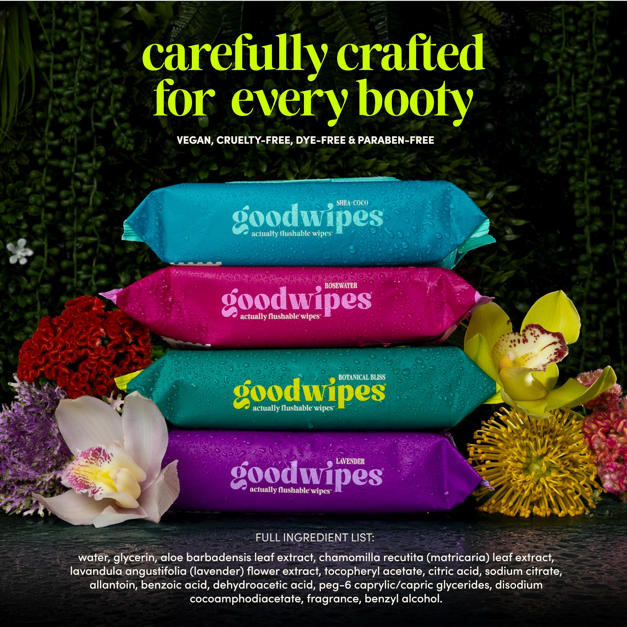 goodwipes next to toilet paper roll, larger wipe offers better coverage