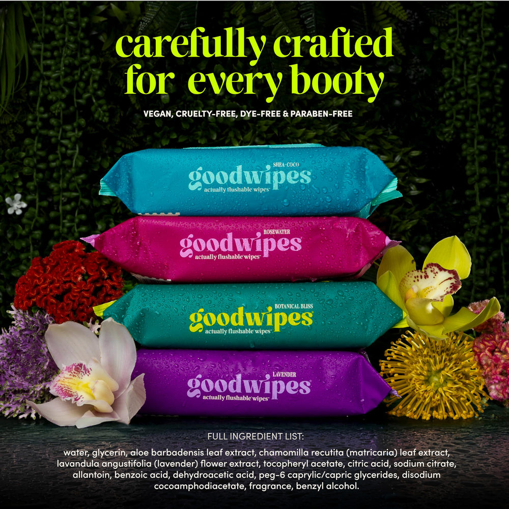 goodwipes next to toilet paper roll, larger wipe offers better coverage