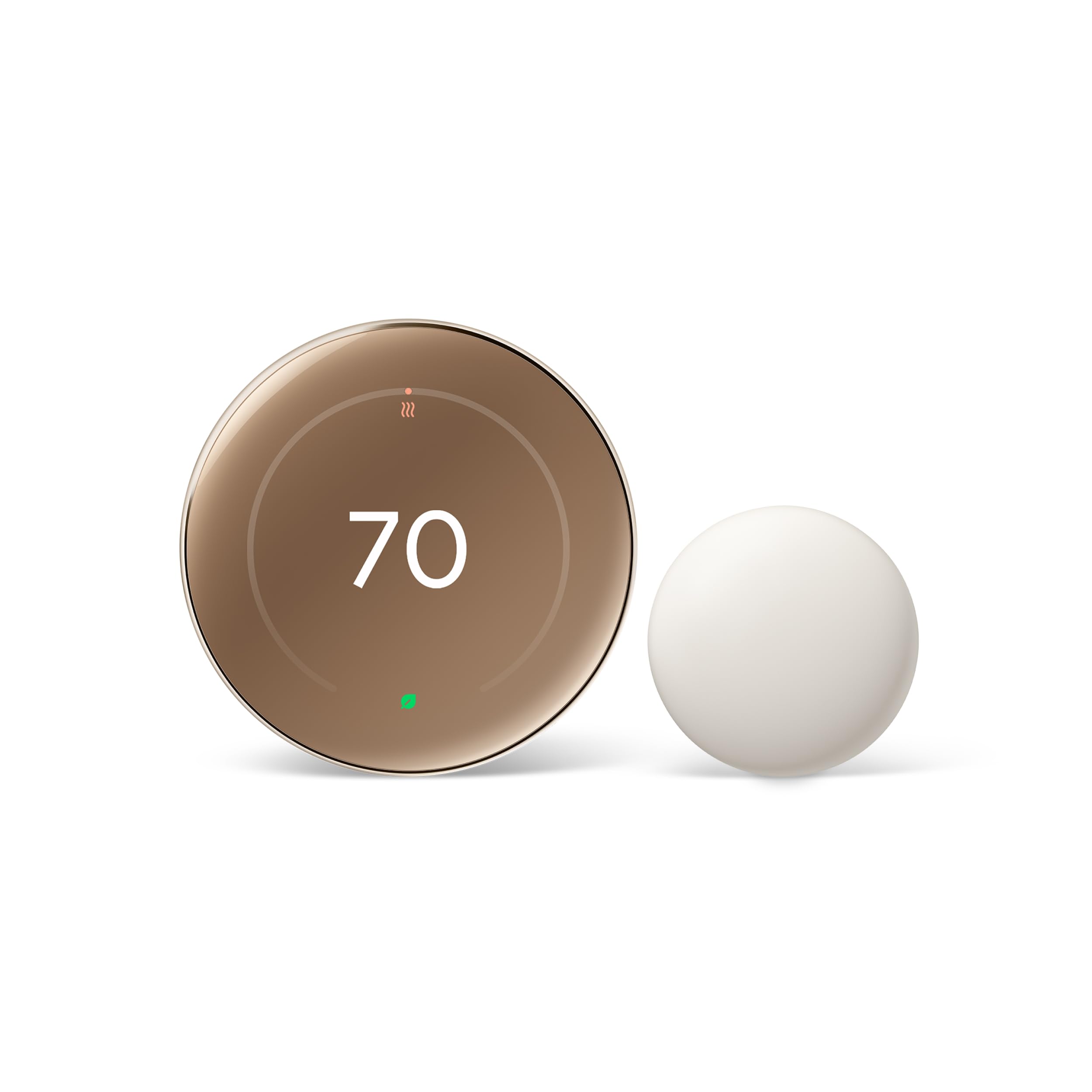 Google Nest thermostat front view showing polished gold finish and sleek display benefit: stylish home upgrade