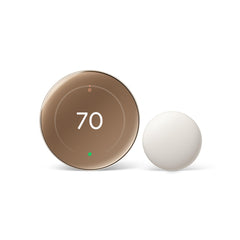 Google Nest thermostat front view showing polished gold finish and sleek display benefit: stylish home upgrade