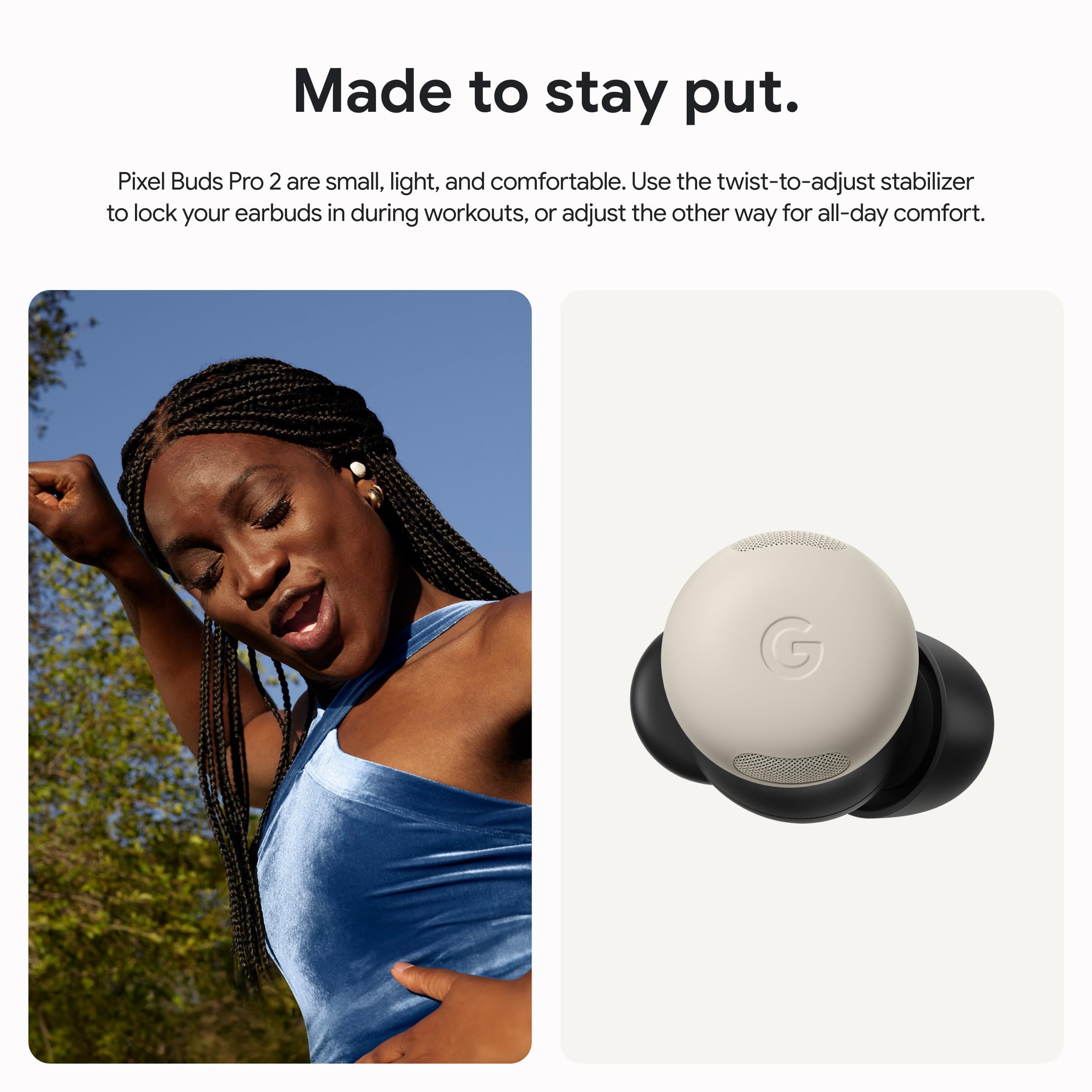 Google Pixel Buds Pro 2 closed charging case in hazel, highlighting portable protection and quick charging