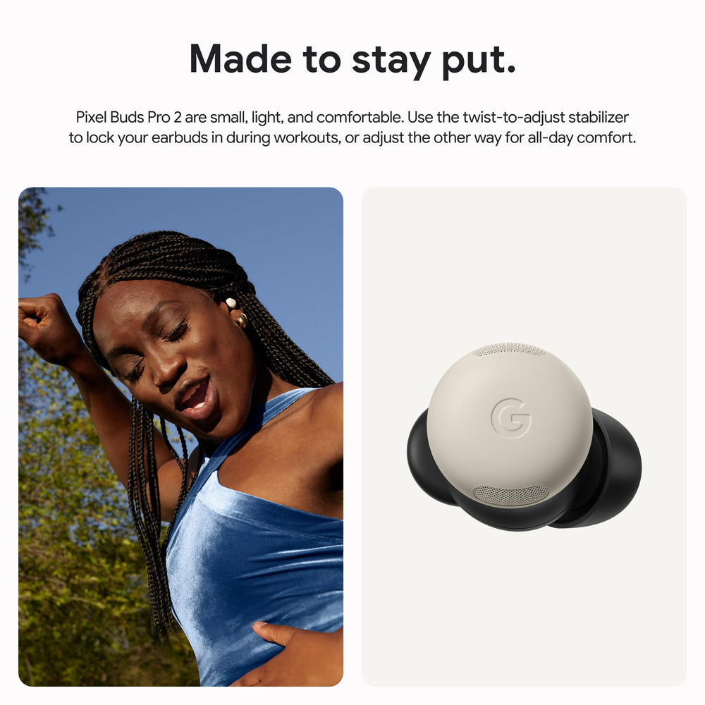 Google Pixel Buds Pro 2 closed charging case in hazel, highlighting portable protection and quick charging