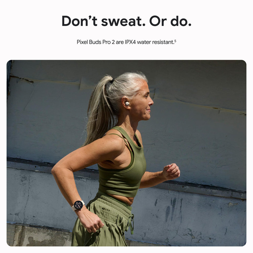 Google Pixel Buds Pro 2 being used while running, showing secure fit and noise control advantage