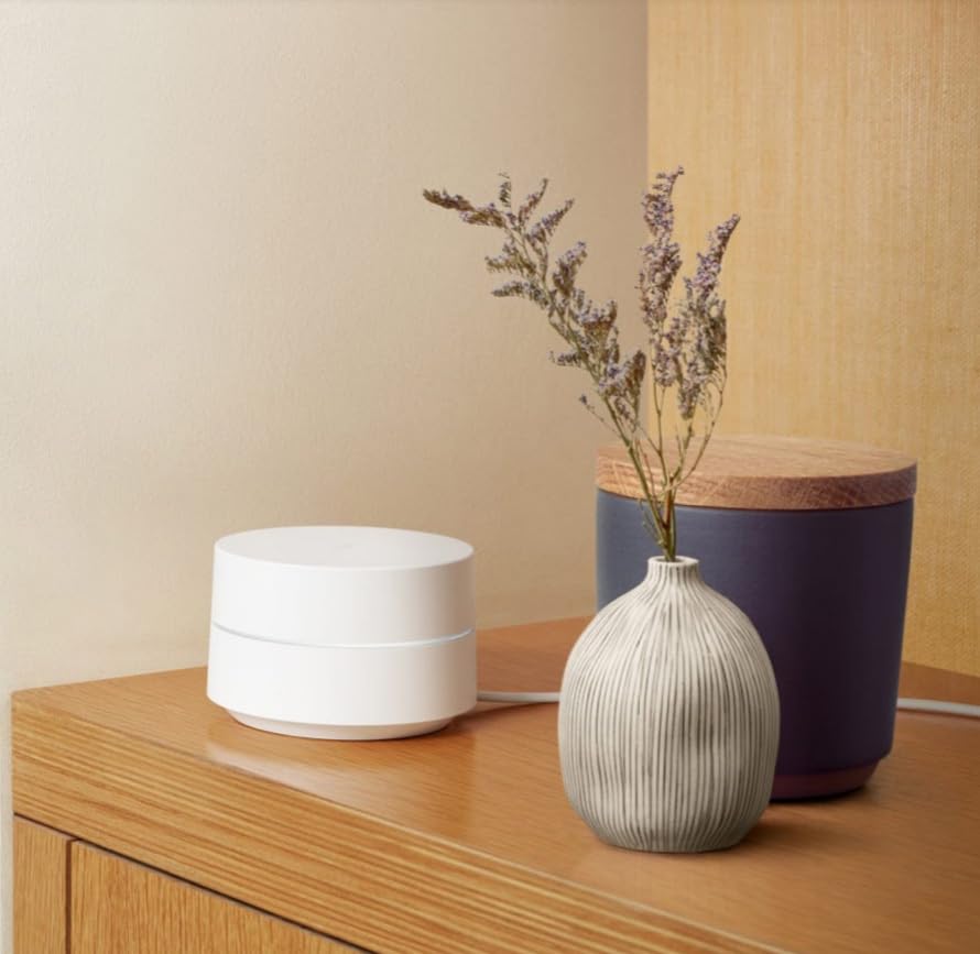 Google Wifi placed in a living room delivering reliable home coverage benefit