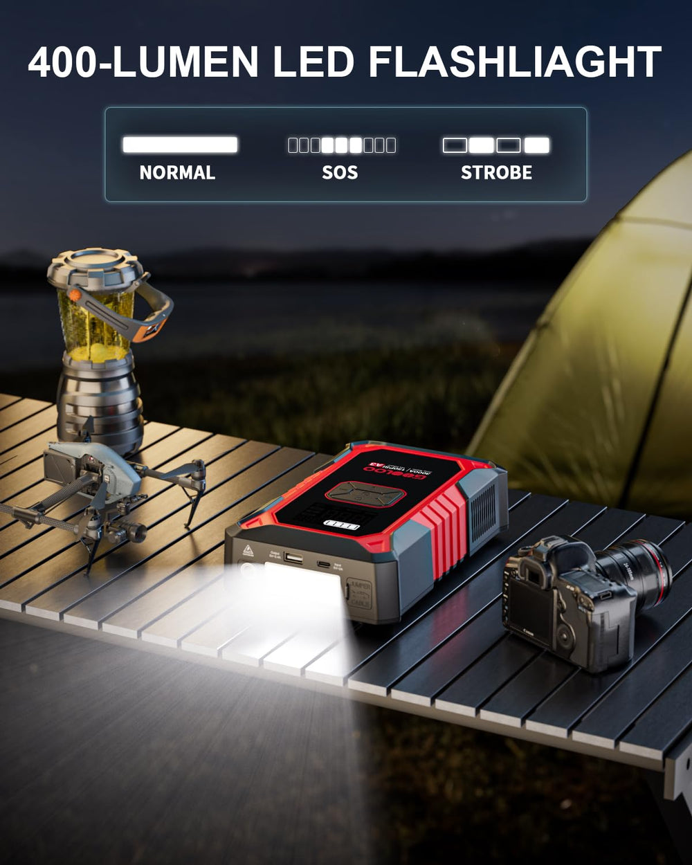 GOOLOO A3 charging a smartphone via USB, portable power for devices on the go