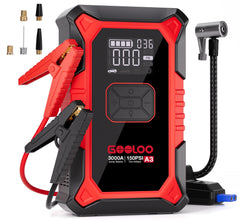 GOOLOO A3 front view showing compact jump starter and air compressor, reliable roadside help