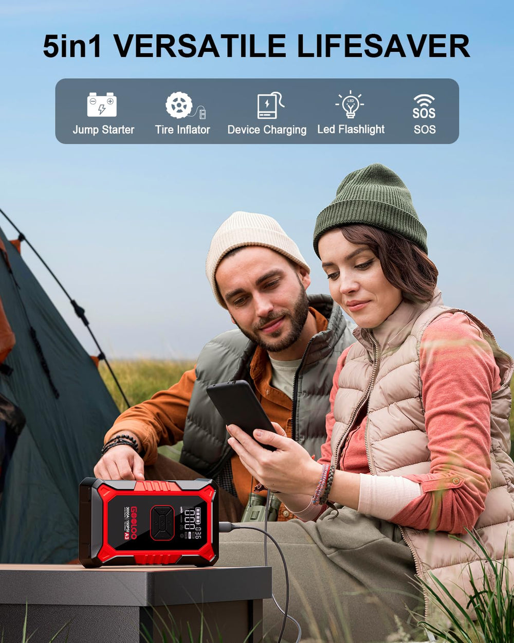 GOOLOO A3 LED display closeup with pressure readout, clear screen for accurate inflation