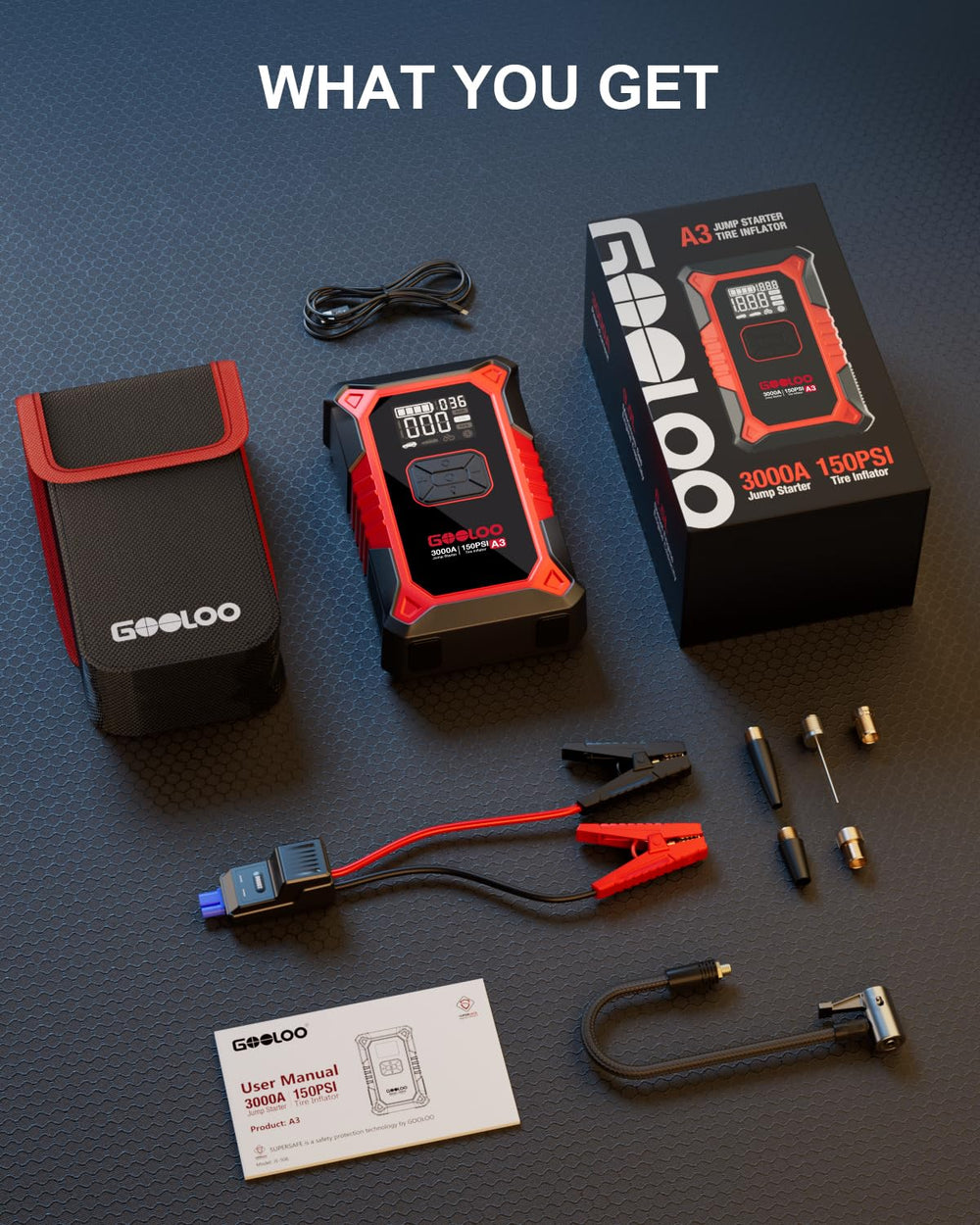 GOOLOO A3 held in hand for scale, compact design with powerful jump-start capability