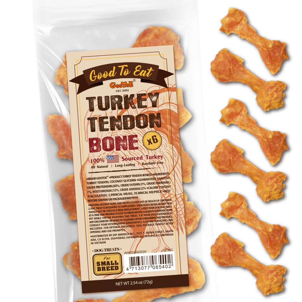 Gootoe front packaging of turkey tendons showing small-breed chew benefits