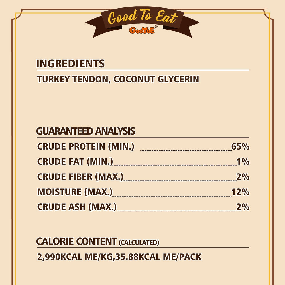 Open pack of Gootoe six-count turkey tendons displaying quantity and shape