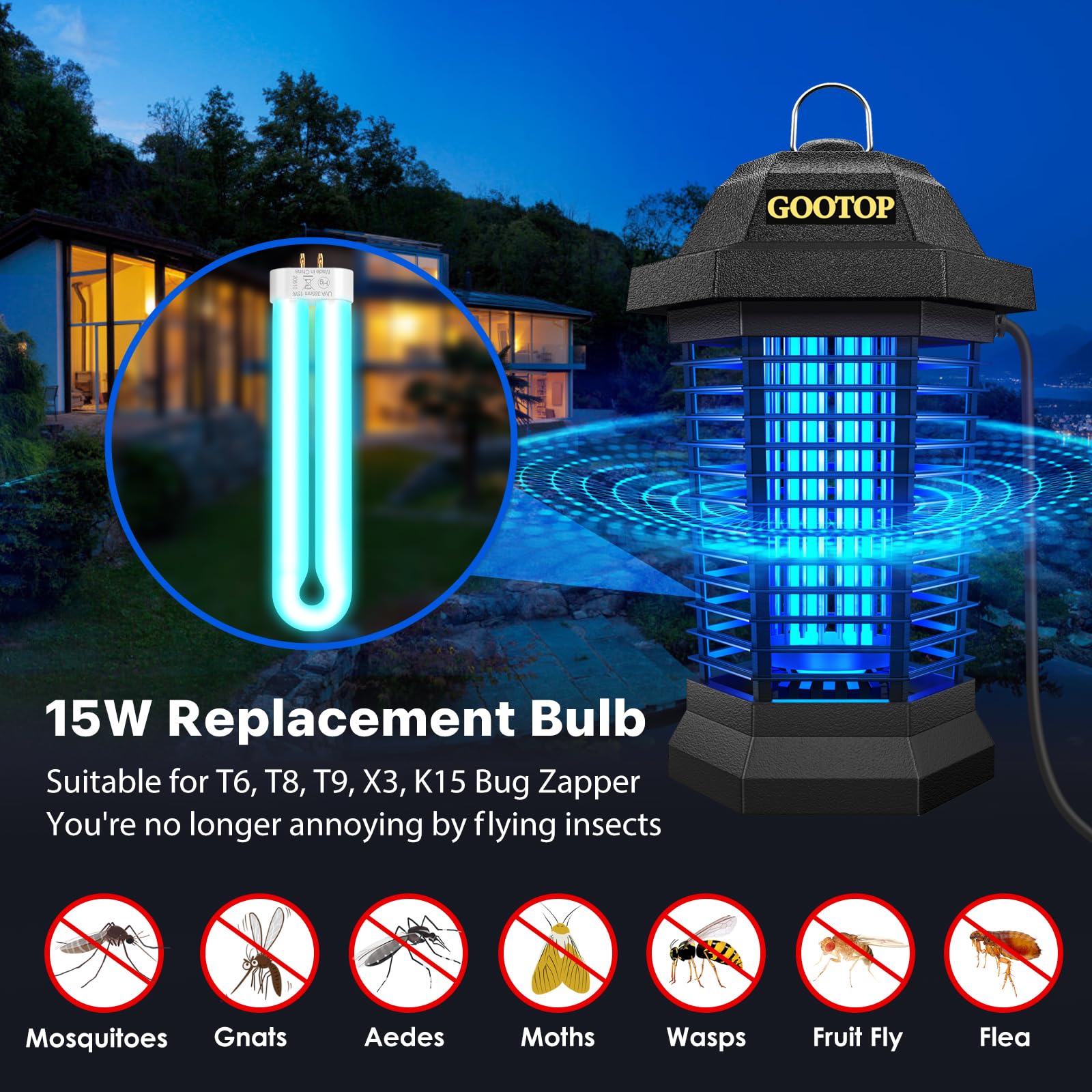 GOOTOP glowing U-shaped twin tubes showing bright 365nm attraction light