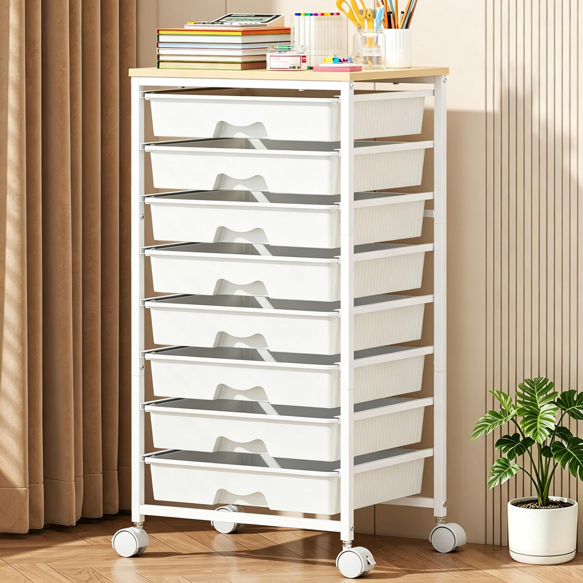 Goovilla front view of white 8-drawer cart showing organized storage benefits
