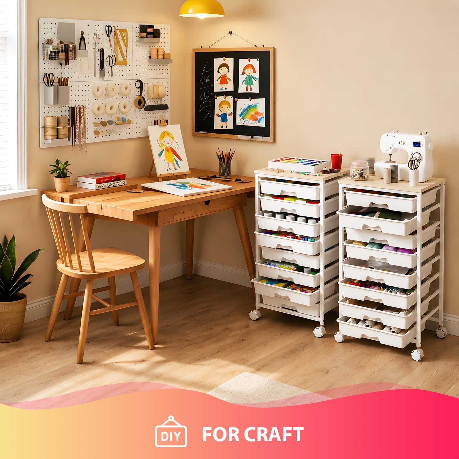Goovilla in studio with art supplies illustrating tidy craft organization