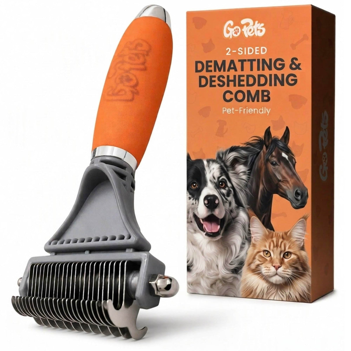 GoPets front view of dual-sided comb showing both grooming faces and versatile use