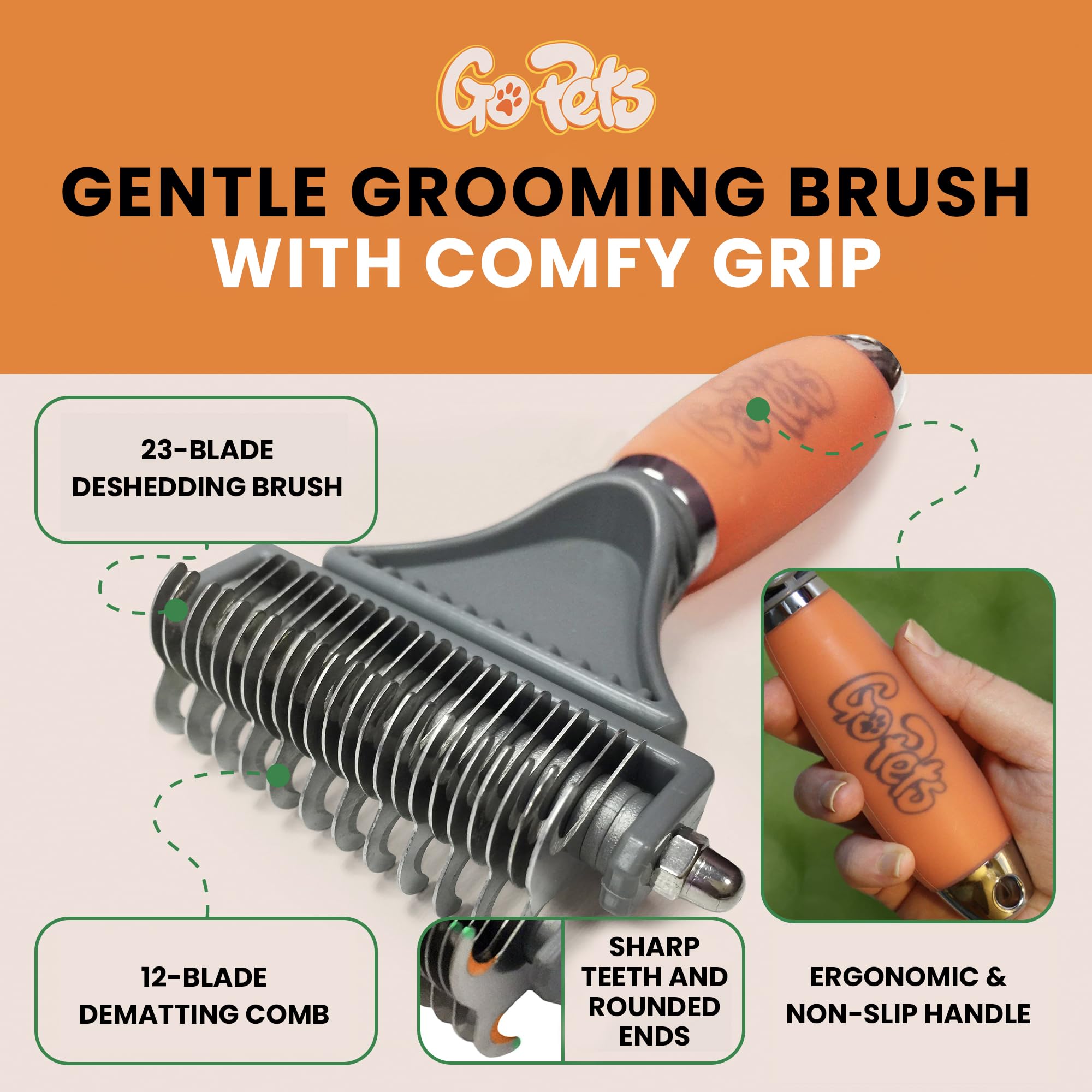 GoPets handle ergonomic non-slip grip reduces hand fatigue for longer grooming sessions
