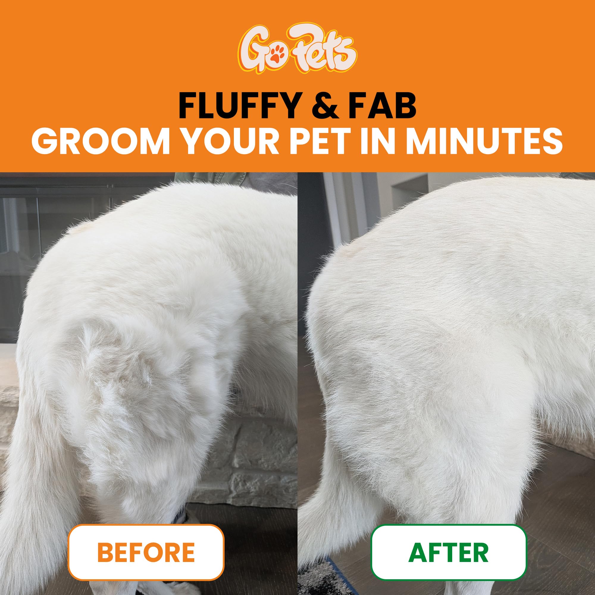 GoPets comb in use on a golden retriever removes mats and reduces shedding effectively