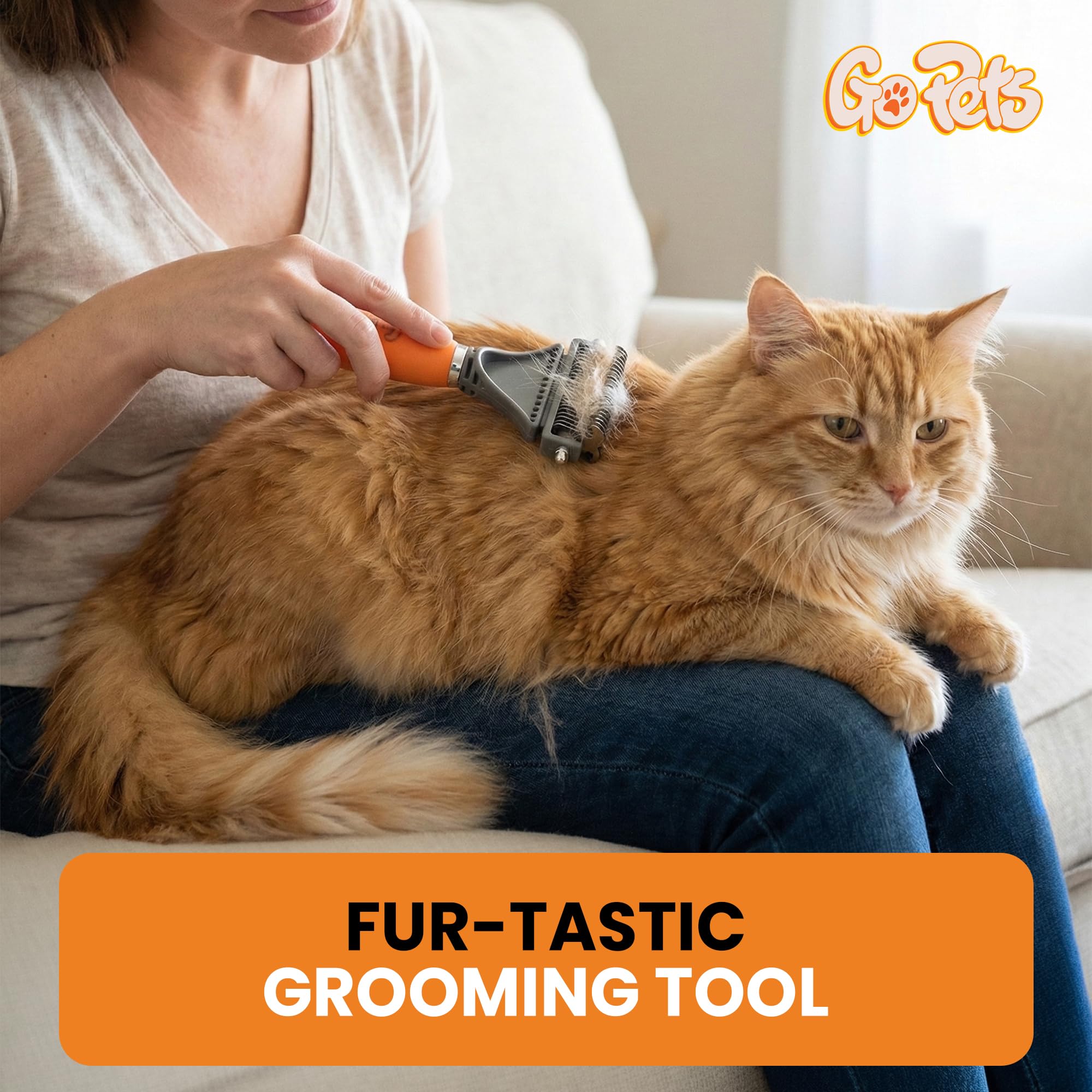 GoPets tool grooming an indoor cat detangles fur gently and reduces loose hair