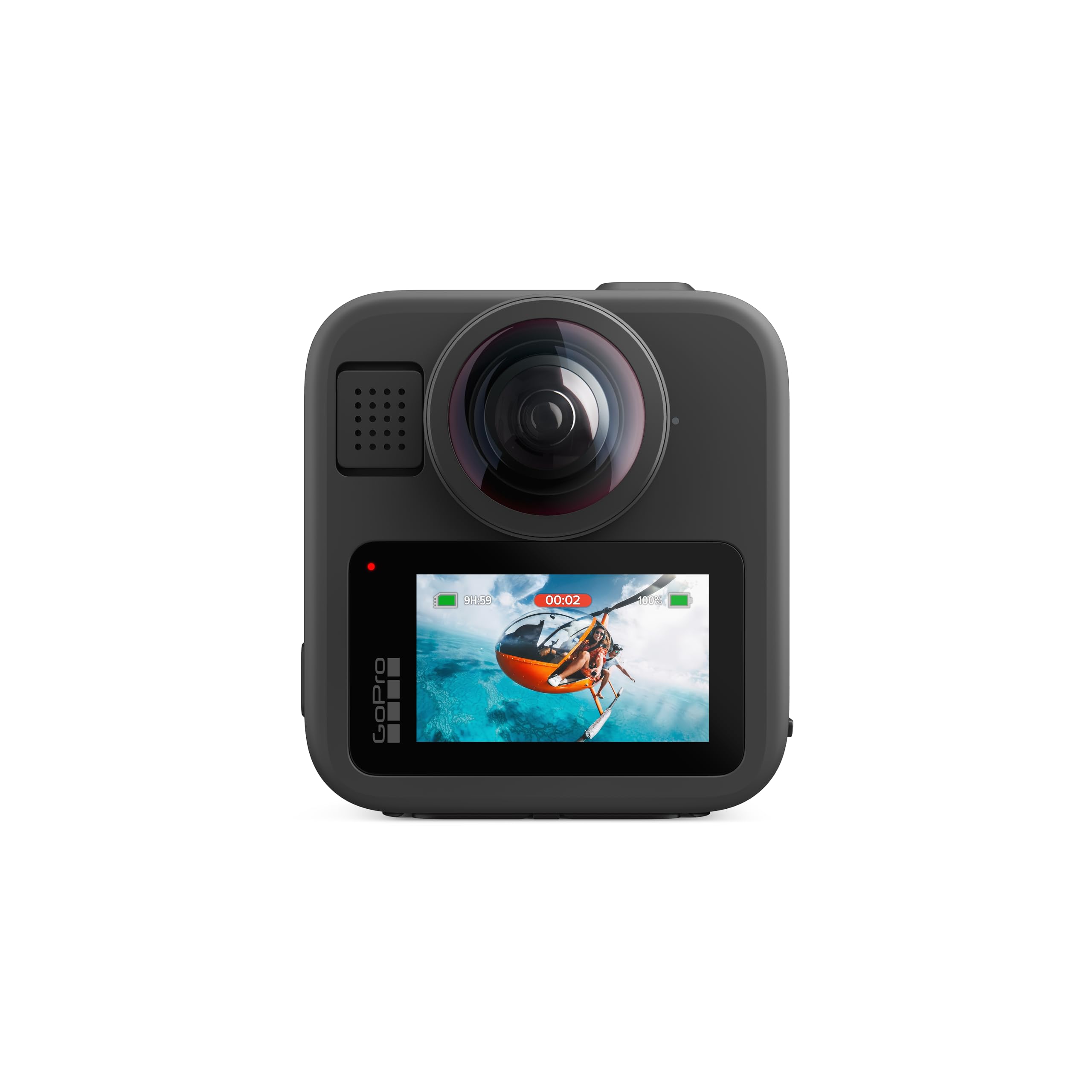 GoPro MAX2 front view showing rugged body and twin lenses for full 360 capture benefit