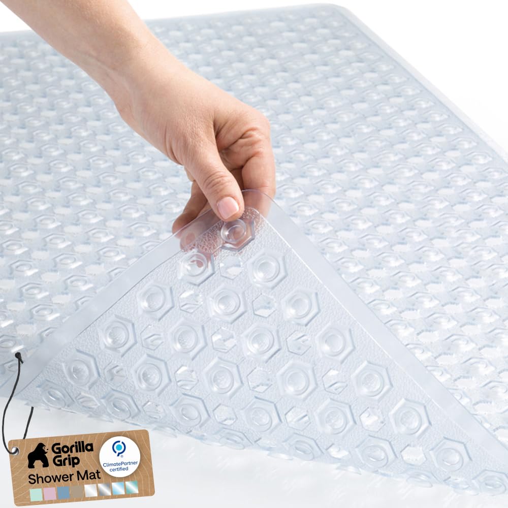 GORILLA GRIP clear mat front view showing full tub coverage and safety