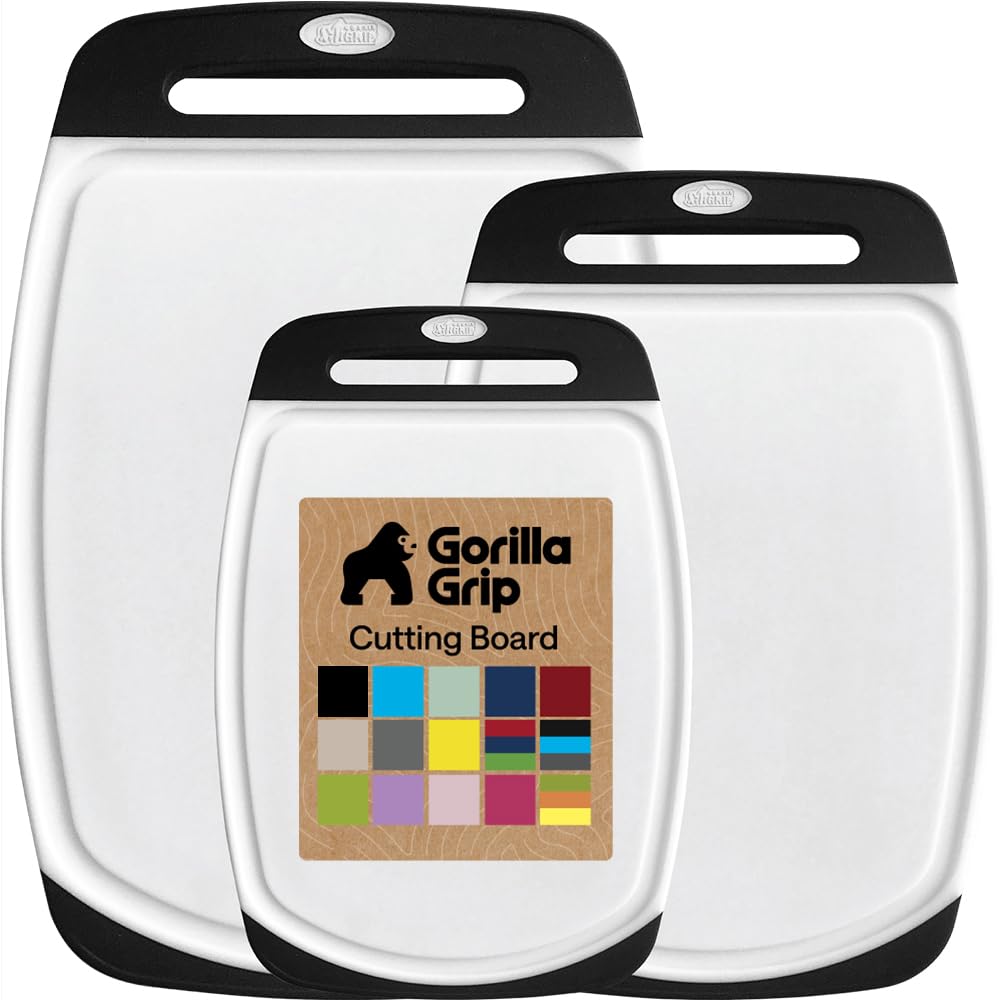 GORILLA GRIP front view of three-board set showing sizes and color, durable design benefit