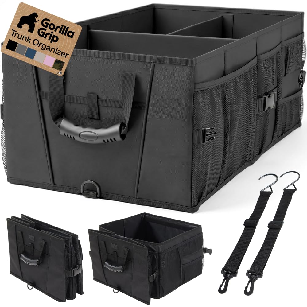GORILLA GRIP front view of large trunk organizer showing capacity and neat storage benefit