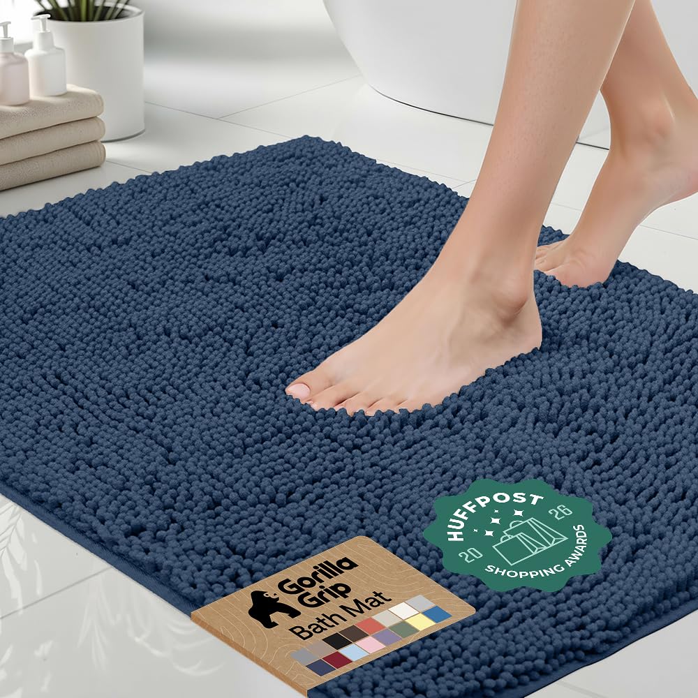 GORILLA GRIP front view navy bath rug showing plush absorbent surface and neat edges