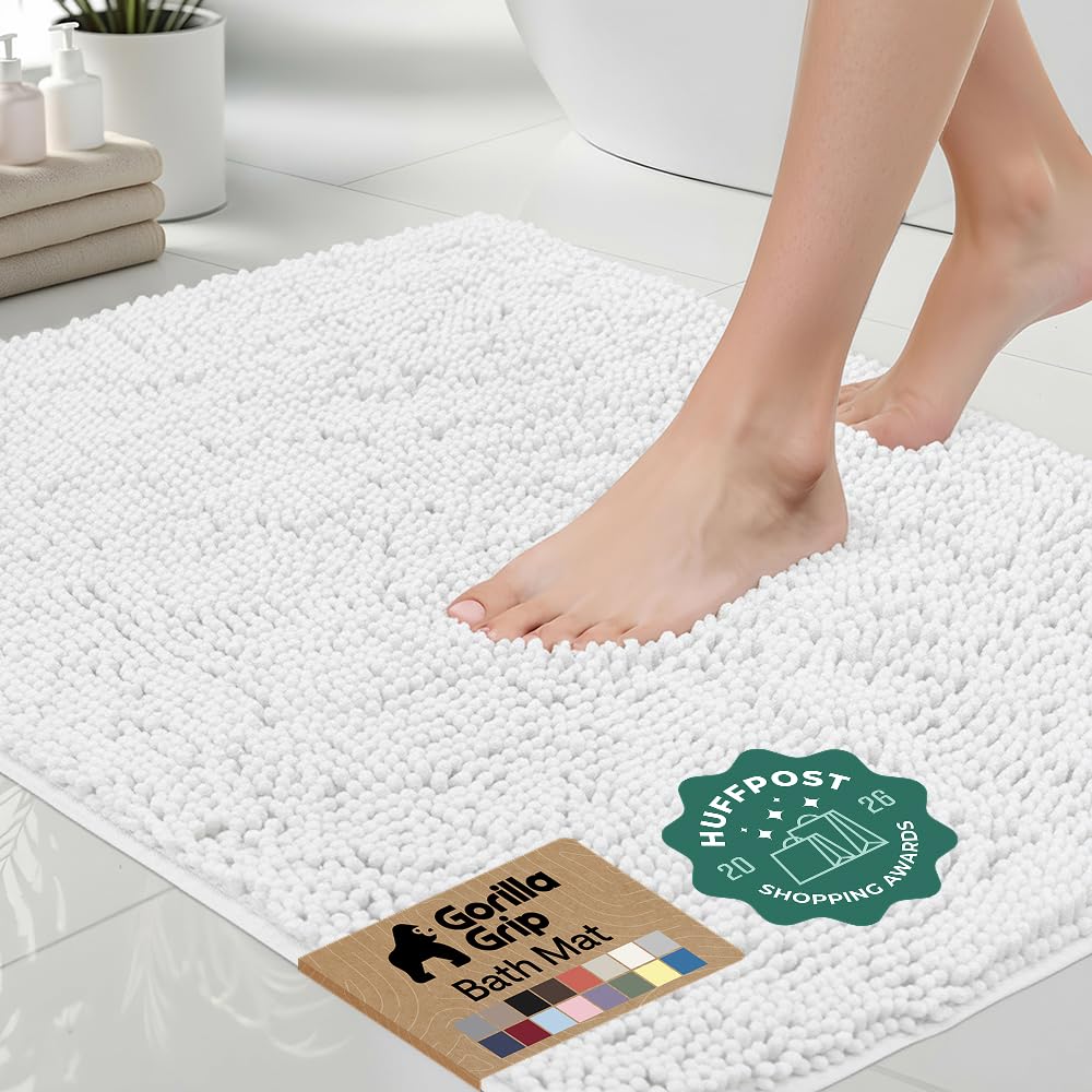 GORILLA GRIP front view white bath rug showing plush surface and clean look