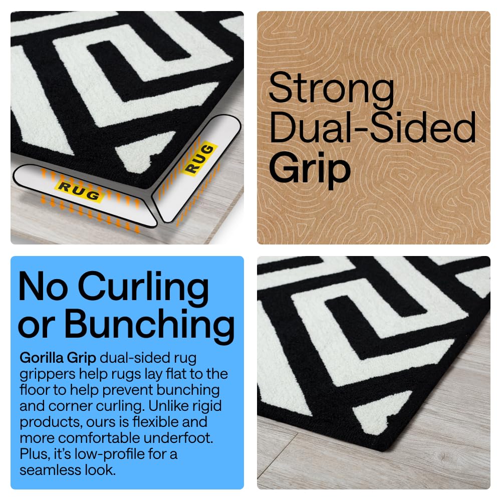 GORILLA GRIP tucked under rug corner preventing lift and improving safety
