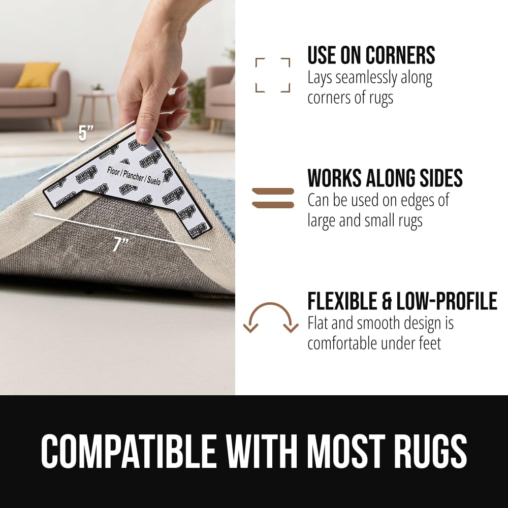 GORILLA GRIP pair placed under rug edge preventing shifting and bunching
