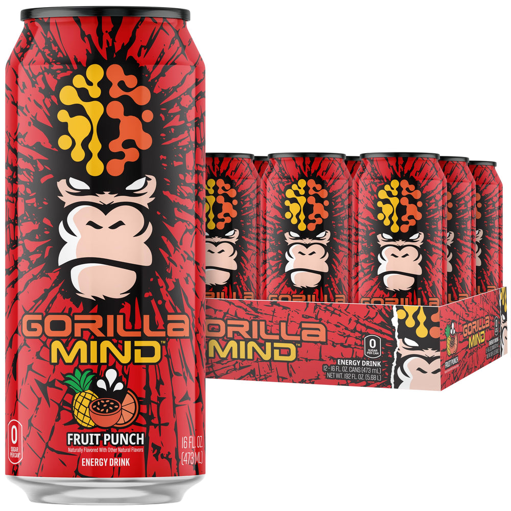 Gorilla Mind front can view shows fruit punch flavor and benefits of focus