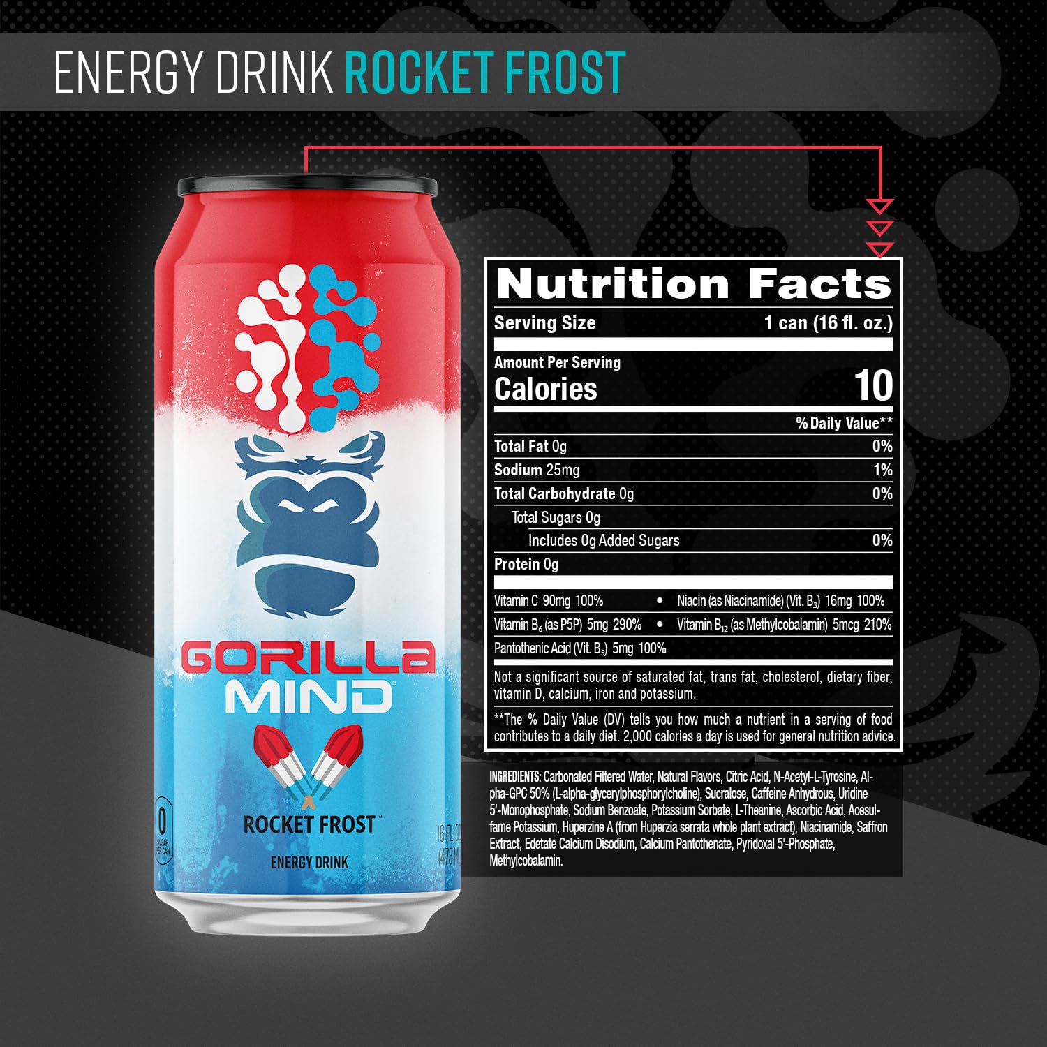 Gorilla Mind Rocket Frost angled can label highlighting ingredient list and potency benefits
