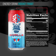 Gorilla Mind Rocket Frost angled can label highlighting ingredient list and potency benefits
