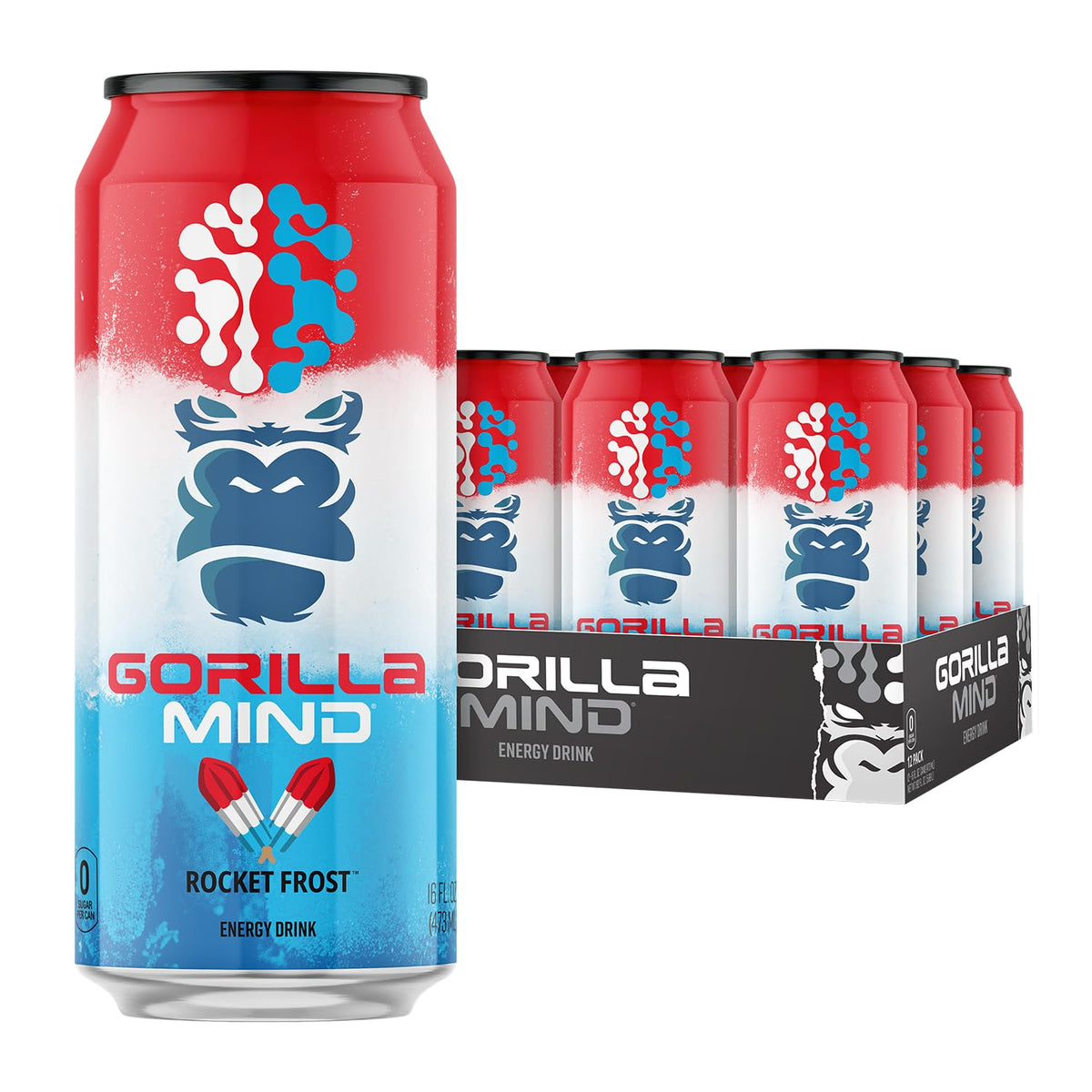 Gorilla Mind Rocket Frost front can showcasing branding and crisp design benefits focused energy