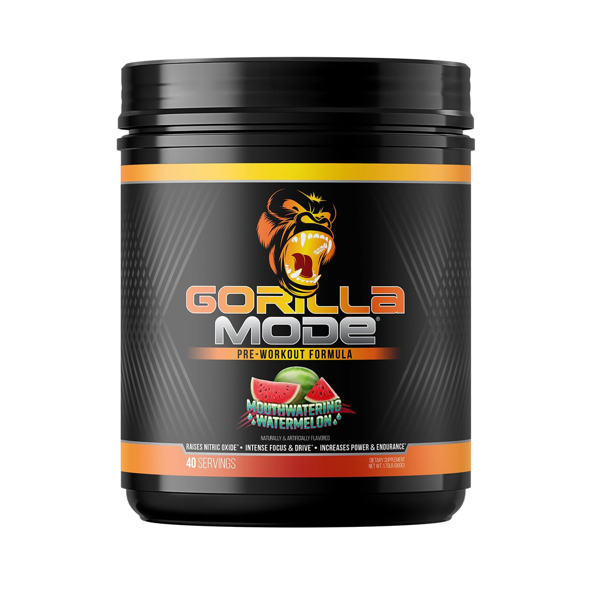 Gorilla Mind Gorilla Mode tub front view showing watermelon flavor and bold label for product recognition