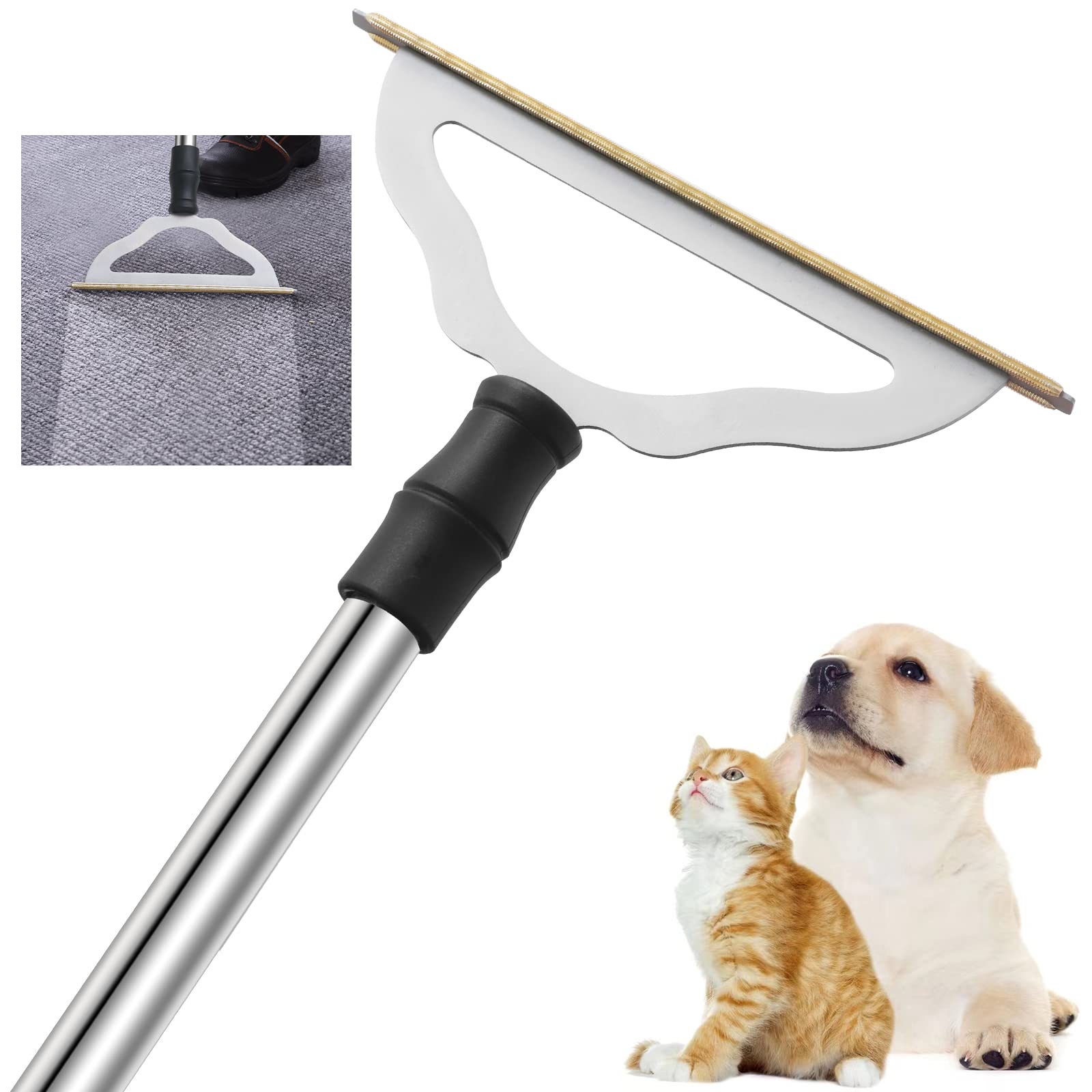 GOSEDER front view of carpet rake showing full head and handle, easy hair removal